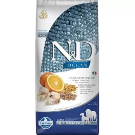 N&D Dog Ocean Tőkehal,Tönköly,Zab&Narancs Adult Medium&Maxi 12kg