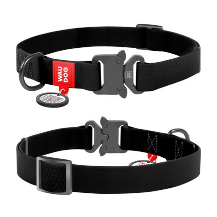 Waudog vízálló nyakörv, QR pass, Fém csattal Fekete - M 20/28-40